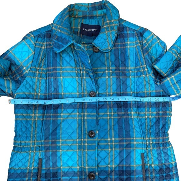 Lands End Quilted Plaid Barn Jacket Women Size L/T 14-16 Blue Gold Outerwear EUC - Picture 5 of 10